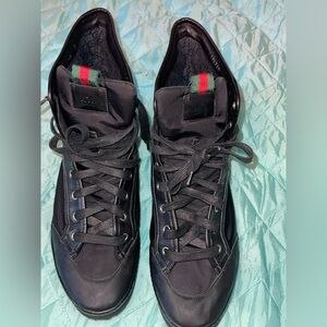 Gucci Men's High Top Sneakers Black Nylon Leather Size 11 US (10G) COA Auth